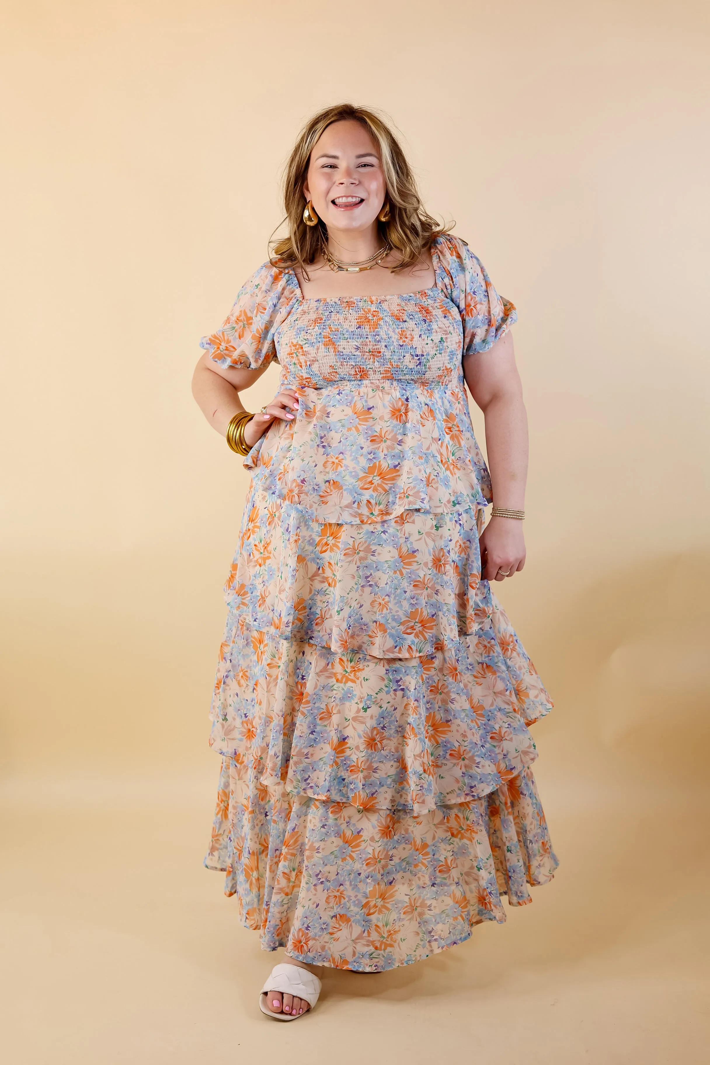 Fun Feeling Floral Tiered Maxi Dress with Smocked Balloon Sleeves in Orange Mix