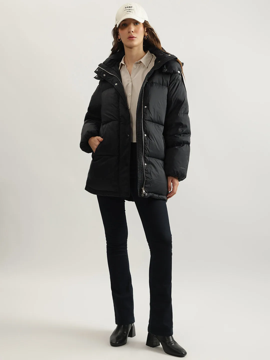 Gant Women Black Solid Hooded Full Sleeves Puffer Jacket