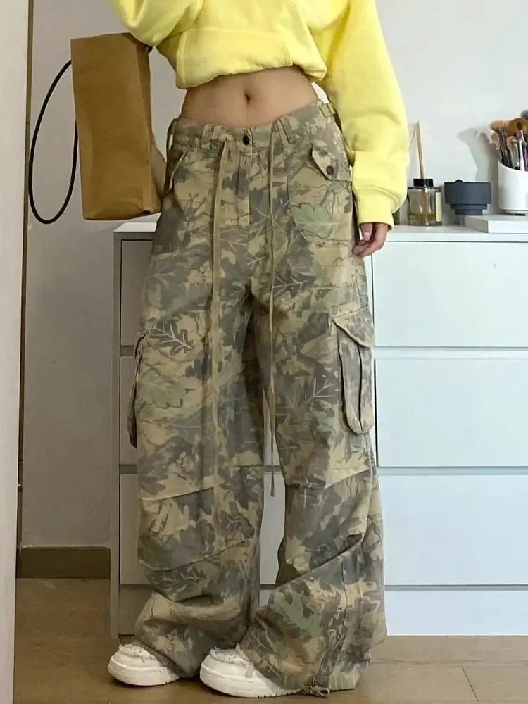 Girlary Vintage Y2k Camouflage Cargo Pants Women Hip Hop Style Wide Leg Camo Pants Tie-dye Streetwear Grunge Aesthetic 90s Pants