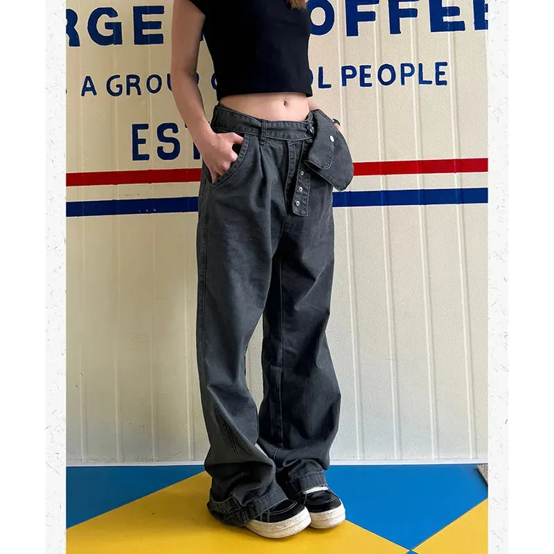 Girlary Women Black Cargo Jeans Y2k Korean High Waist Wide Leg Denim Trousers Harajuku 90s Vintage Baggy Jean Pants 2000s Grunge Clothes