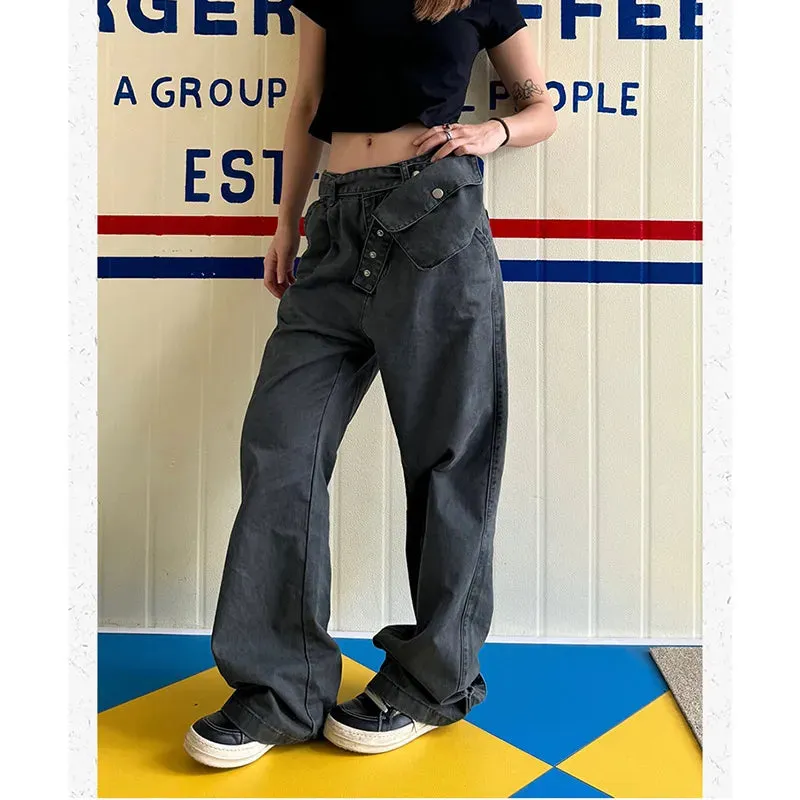 Girlary Women Black Cargo Jeans Y2k Korean High Waist Wide Leg Denim Trousers Harajuku 90s Vintage Baggy Jean Pants 2000s Grunge Clothes