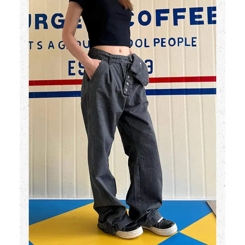 Girlary Women Black Cargo Jeans Y2k Korean High Waist Wide Leg Denim Trousers Harajuku 90s Vintage Baggy Jean Pants 2000s Grunge Clothes