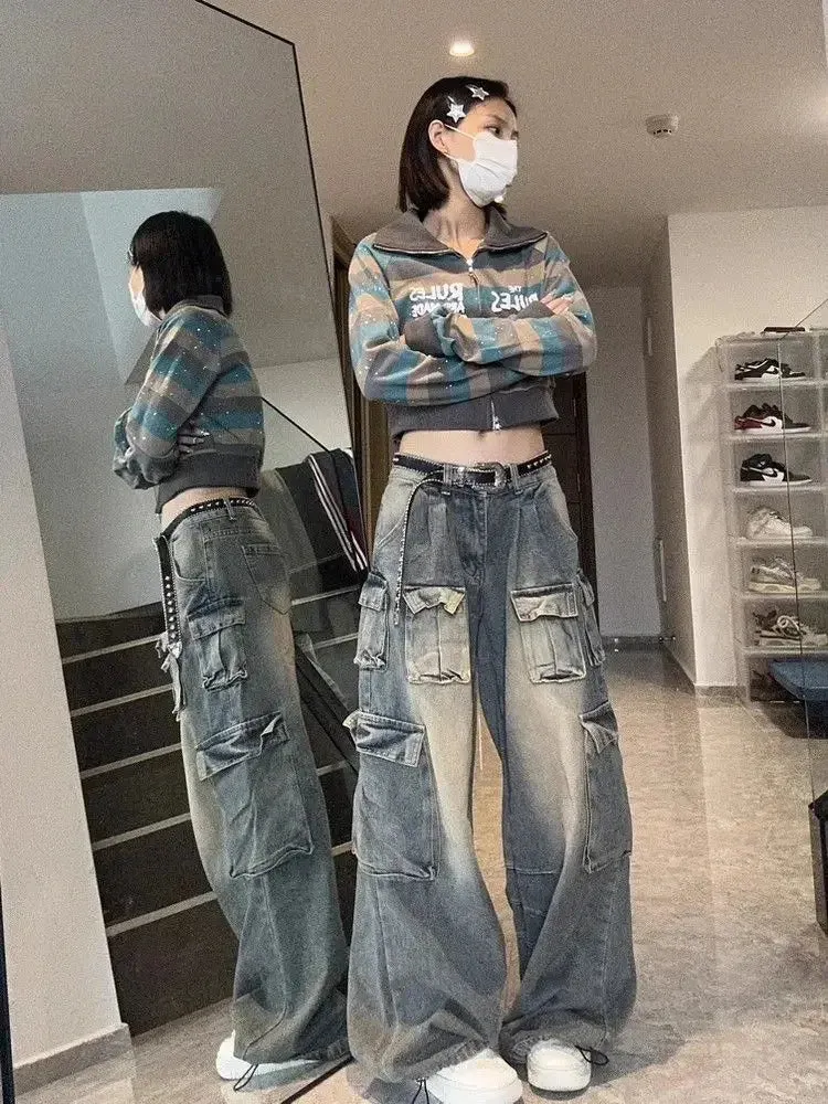 Girlary Y2k Low Waist Cargo Jeans Women Vintage High Street Baggy Denim Pants with Pockets Female Wide Grunge Baddie Streetwaer