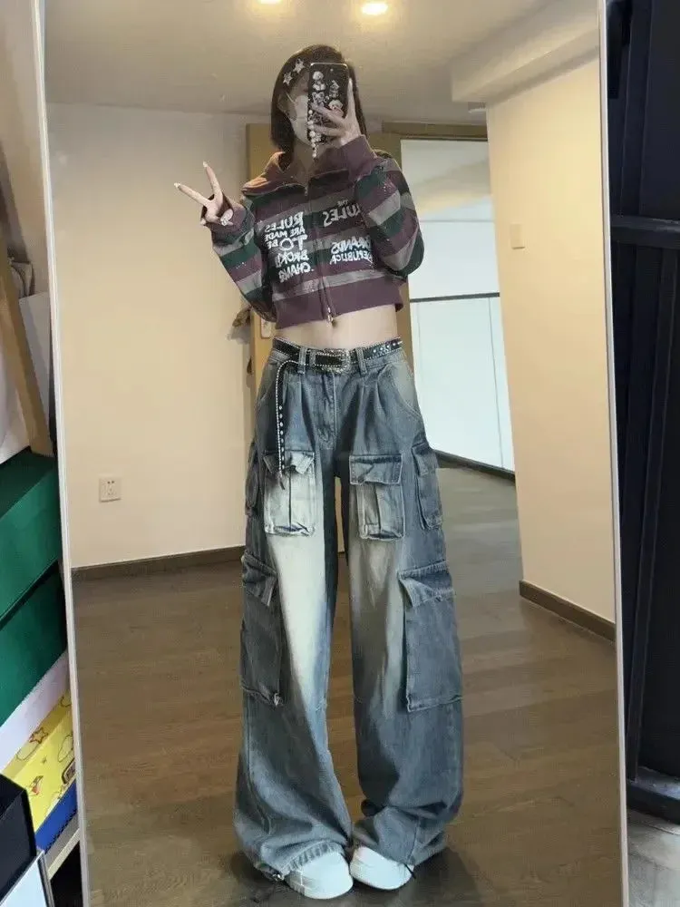 Girlary Y2k Low Waist Cargo Jeans Women Vintage High Street Baggy Denim Pants with Pockets Female Wide Grunge Baddie Streetwaer