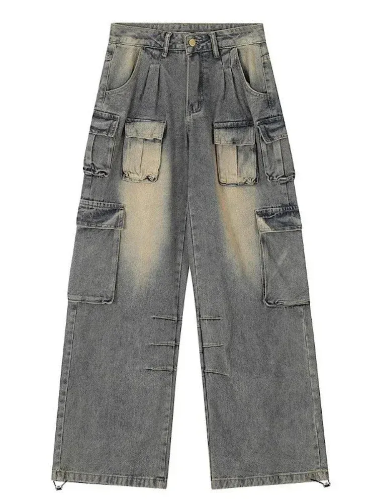 Girlary Y2k Low Waist Cargo Jeans Women Vintage High Street Baggy Denim Pants with Pockets Female Wide Grunge Baddie Streetwaer