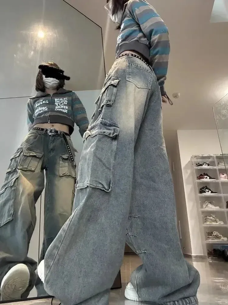 Girlary Y2k Low Waist Cargo Jeans Women Vintage High Street Baggy Denim Pants with Pockets Female Wide Grunge Baddie Streetwaer