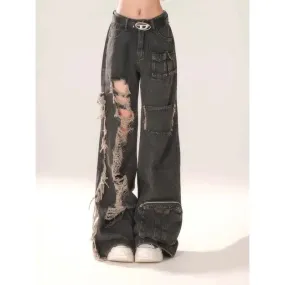 Girlary Y2k Vintage Ripped Black Cargo Pants Woman Baggy Grunge Wide Leg Trousers Oversized Korean Style Streetwear Fashion