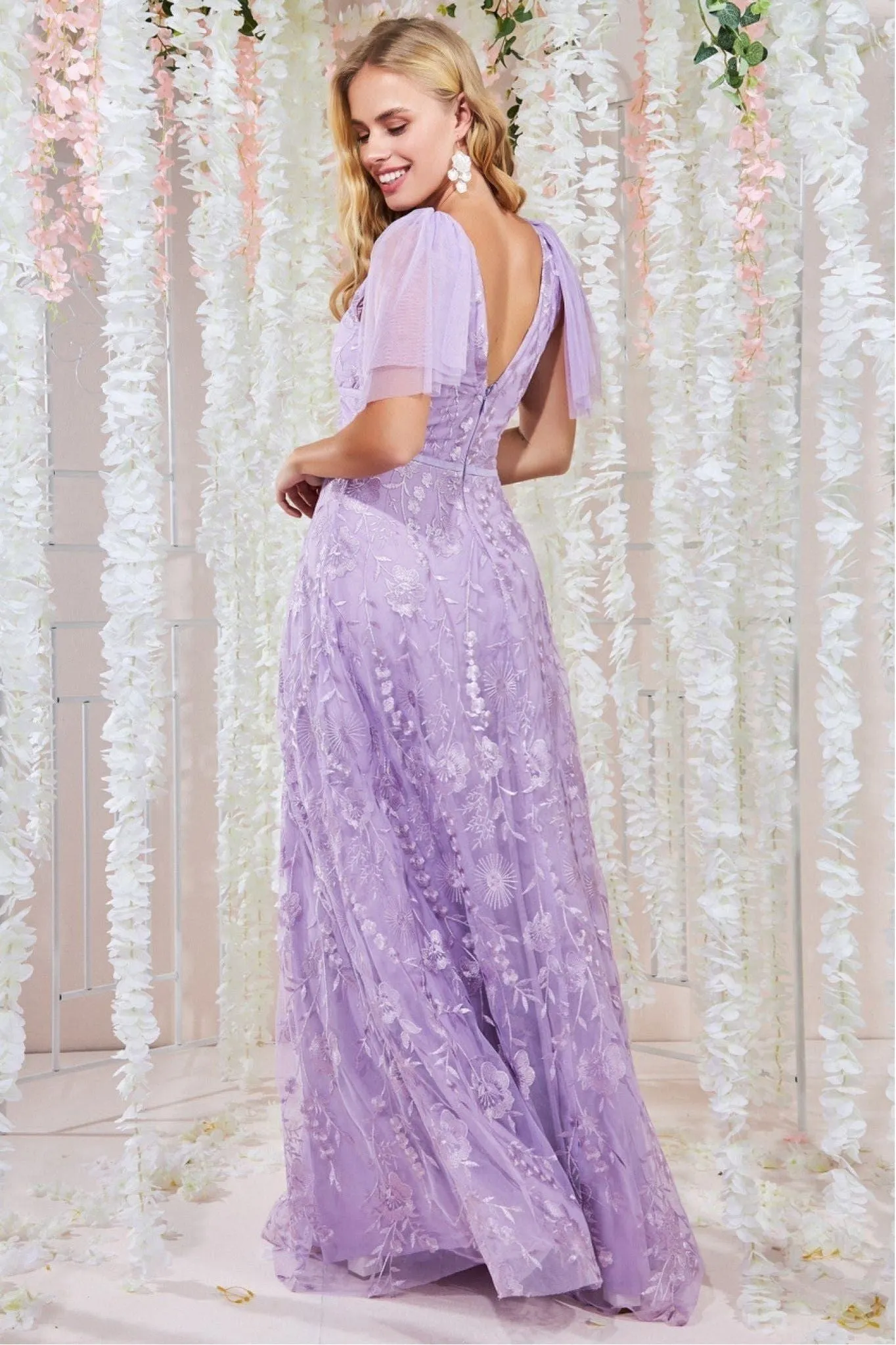 Goddiva Embroidered Lace Maxi Flutter Sleeves - Lilac