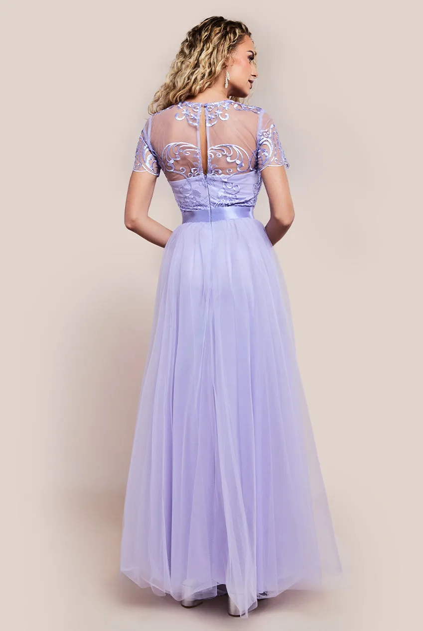 Goddiva Embroidered Mesh Maxi Dress - Lilac