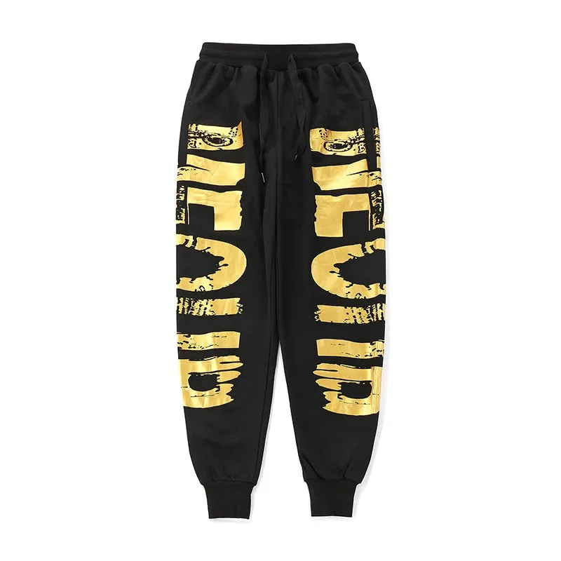 Gold Letter Printed Streetwear Style Men Loose Joggers