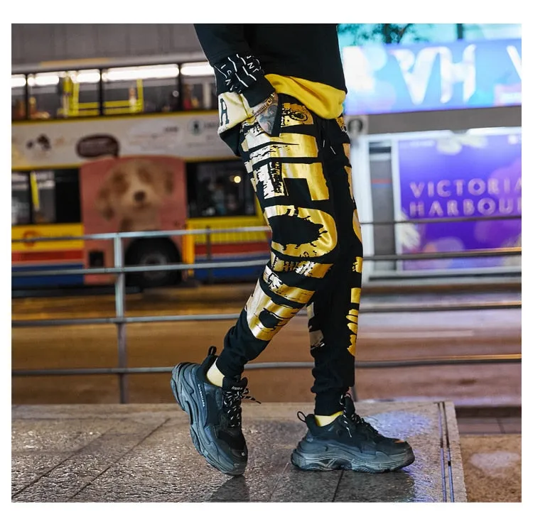 Gold Letter Printed Streetwear Style Men Loose Joggers