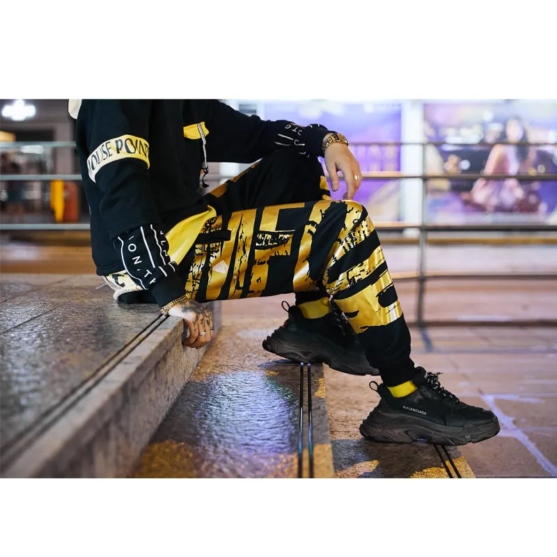 Gold Letter Printed Streetwear Style Men Loose Joggers