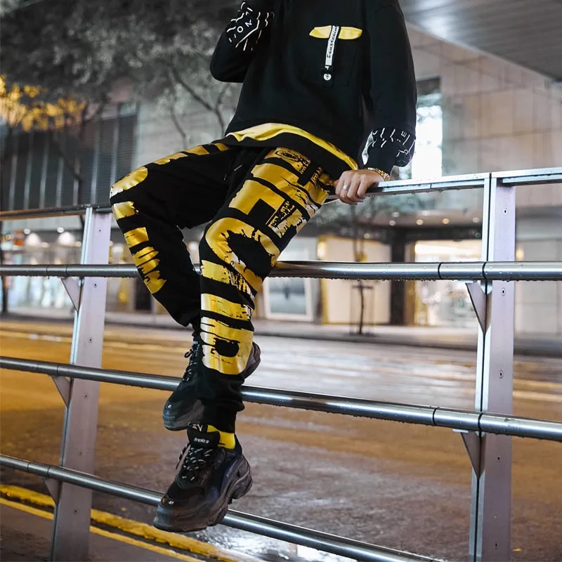 Gold Letter Printed Streetwear Style Men Loose Joggers