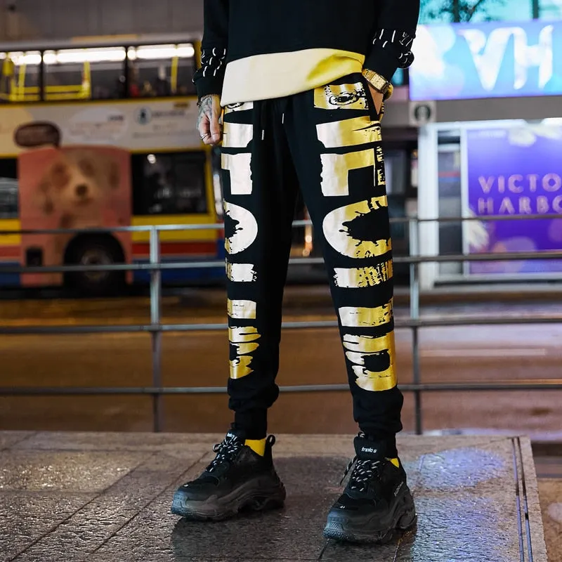 Gold Letter Printed Streetwear Style Men Loose Joggers