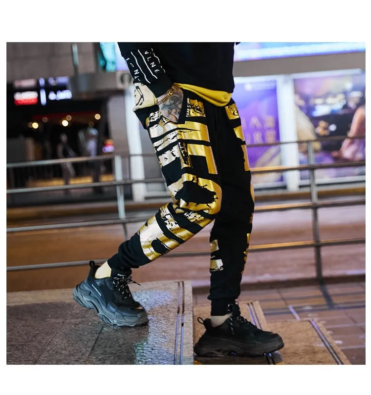 Gold Letter Printed Streetwear Style Men Loose Joggers