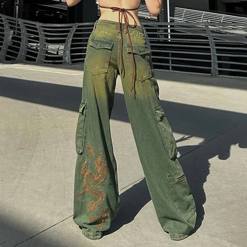 Grunge Fairycore Cargo Pants Denim Y2K Aesthetic Chic Dragon Embroidery Women Jeans Baggy Distressed Chic Trousers