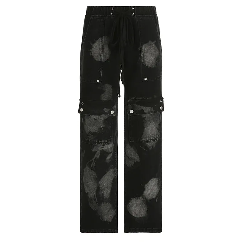 Grunge Gothic Cargo Pants Women Jeans Y2K Aesthetic Dark Academia Baggy Denim Trousers Tie Dye Drawstring Harajuku