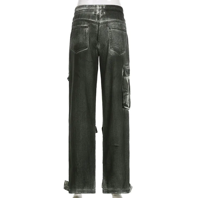 Grunge Streetwear Low Rise Cargo Jeans Female Tie Dye Vintage Design Baggy Pants Denim Pockets Straight Washed Retro