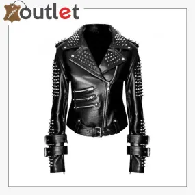 Handmade Women Black Punk Silver Spiked Studded Leather Biker Jacket