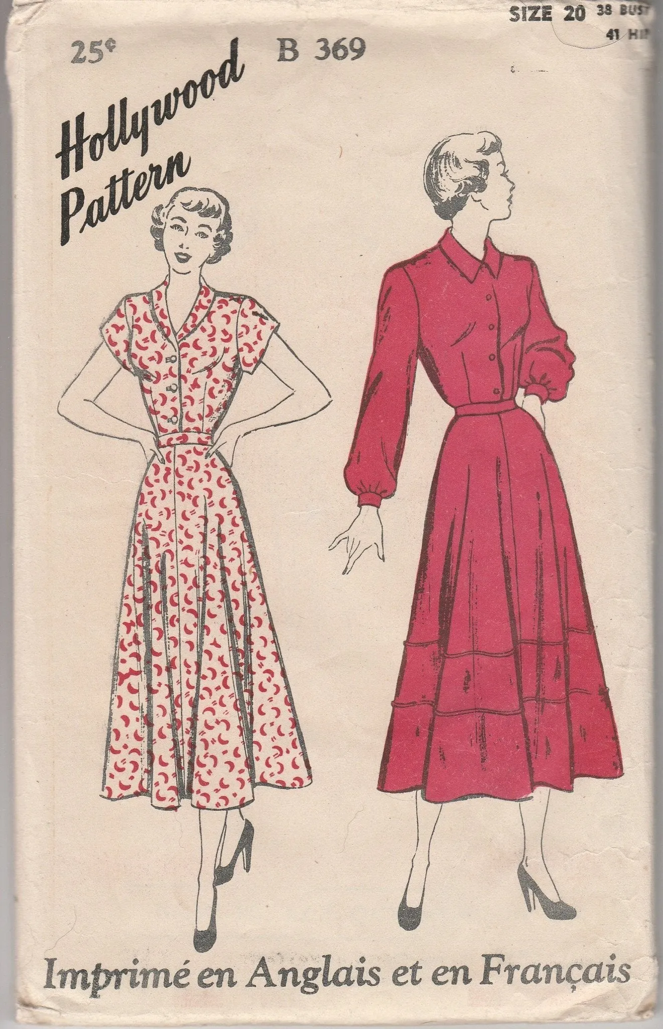 Hollywood B 369 Ladies Shirtwaist Dress Vintage 1940's Sewing Pattern Bilingual