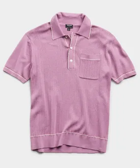 Italian Cotton Silk Tipped Ribbed Polo Sweater in Lavender