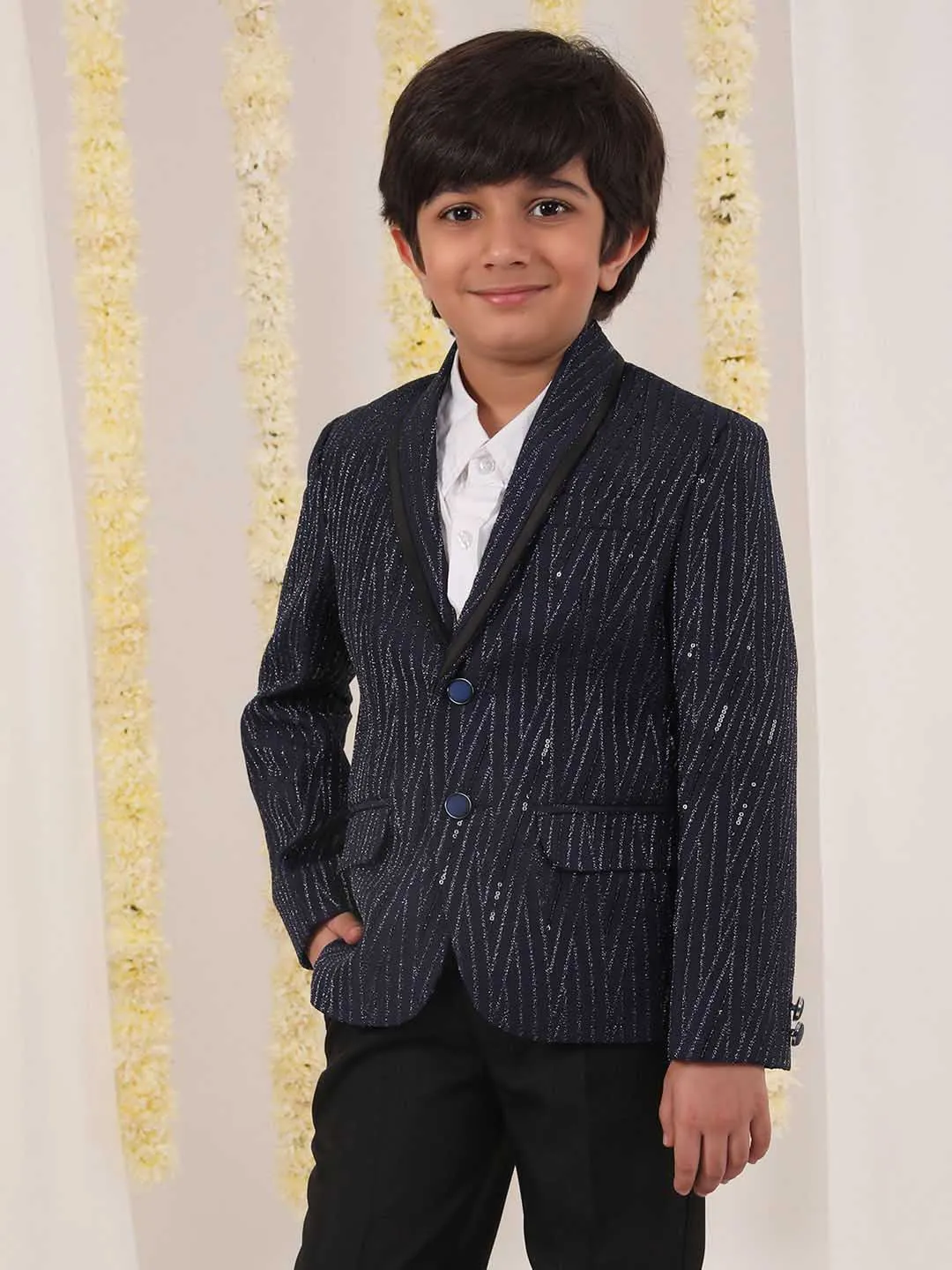 Jashvi Boy's Blue Sequined Blazer