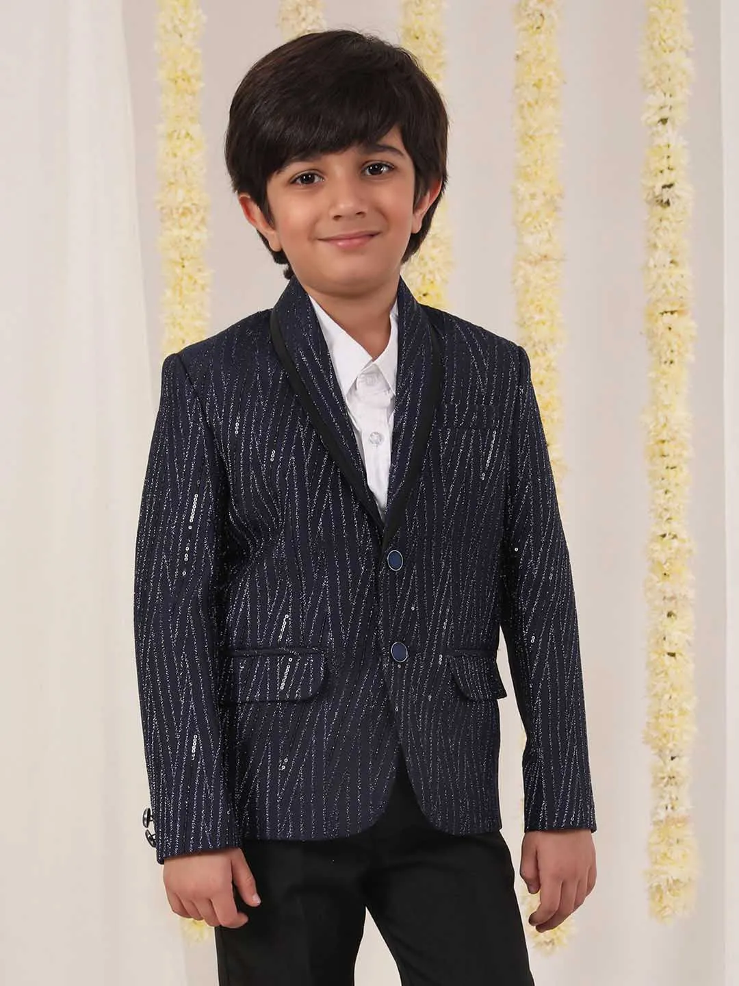 Jashvi Boy's Blue Sequined Blazer