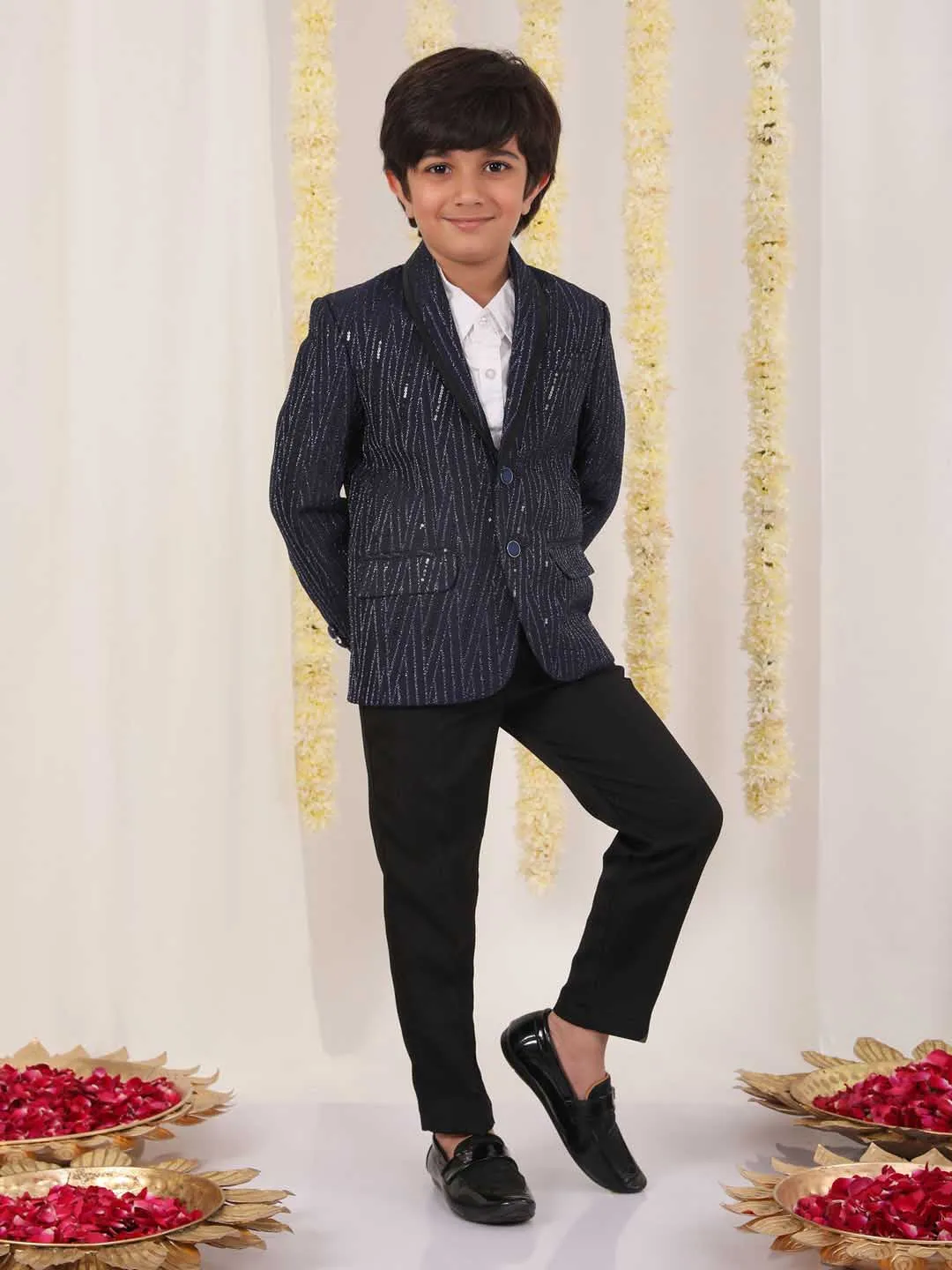 Jashvi Boy's Blue Sequined Blazer