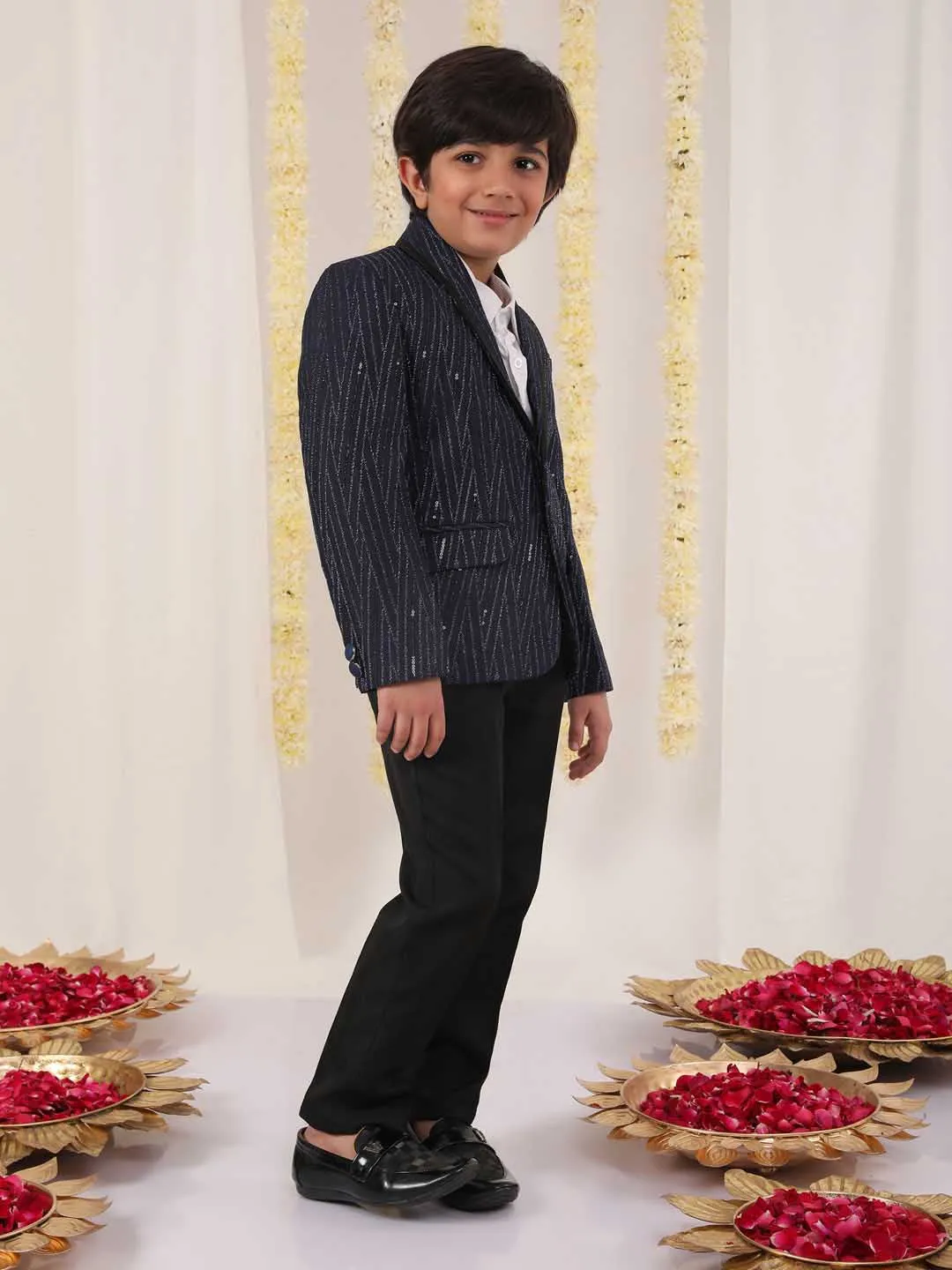 Jashvi Boy's Blue Sequined Blazer