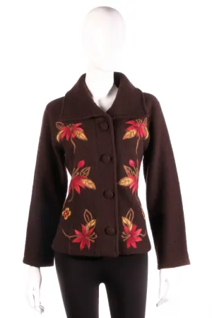 Kenar Jacket Wool Brown with Red Flowers Size M 12/14