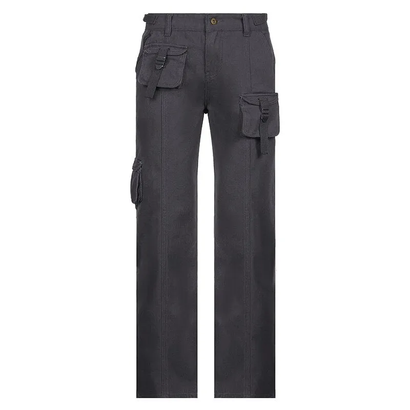 KittenAlarm - Mojoyce Retro Grunge Cargo Denim Jeans Streetwear Korean Vintage 90s Low Waist Trousers Aesthetic 90s Straight Pants Cuteandpsycho