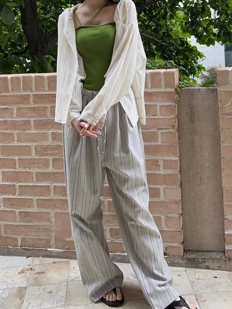 Korean Simple Grunge Vintage Wide Leg Trousers Fashion Striped Drawstring High Waist Pants Women Loose Casual Mujer Pantalones