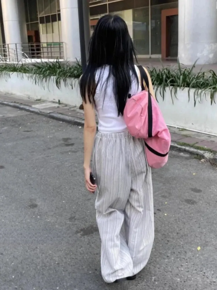 Korean Simple Grunge Vintage Wide Leg Trousers Fashion Striped Drawstring High Waist Pants Women Loose Casual Mujer Pantalones