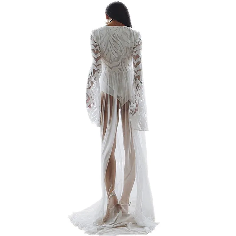 Lace Mesh Yarn Embroidery Solid Color Beach Long Dress