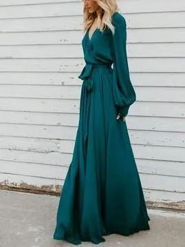 Lace V-Neck Split Long-Sleeved Ruffled Maxi Dress