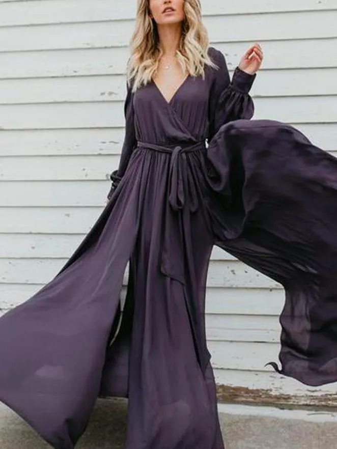 Lace V-Neck Split Long-Sleeved Ruffled Maxi Dress