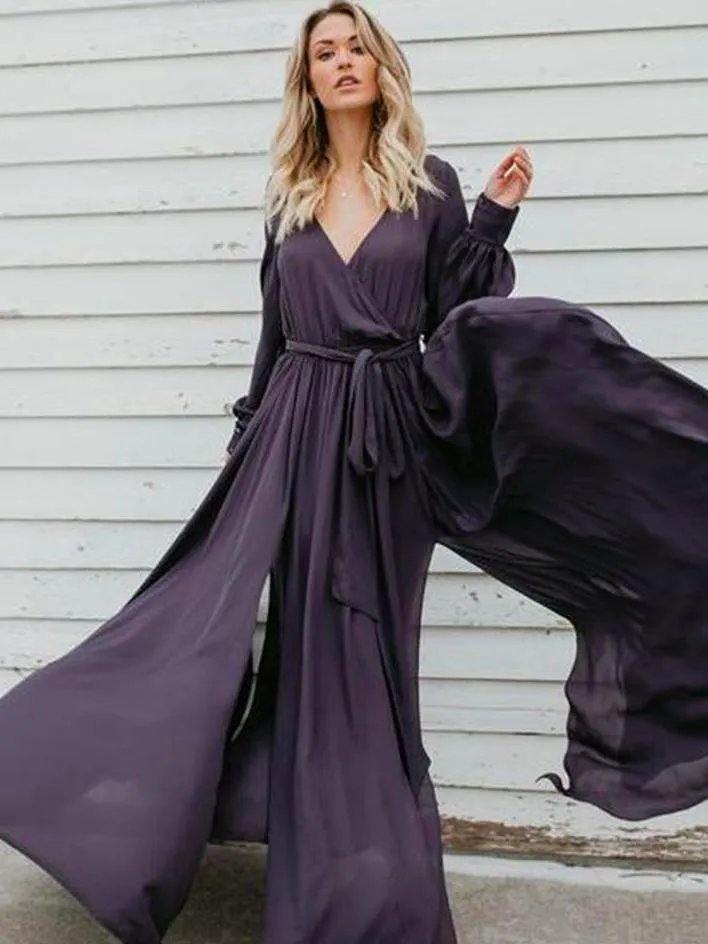 Lace V-Neck Split Long-Sleeved Ruffled Maxi Dress