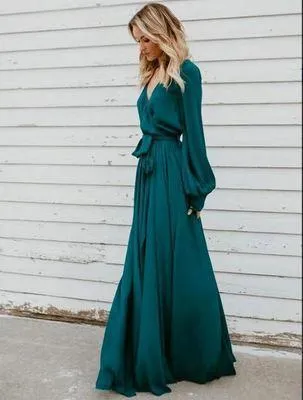 Lace V-Neck Split Long-Sleeved Ruffled Maxi Dress