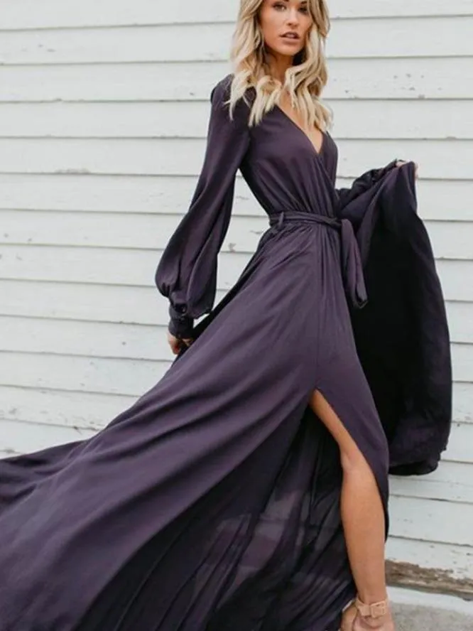 Lace V-Neck Split Long-Sleeved Ruffled Maxi Dress