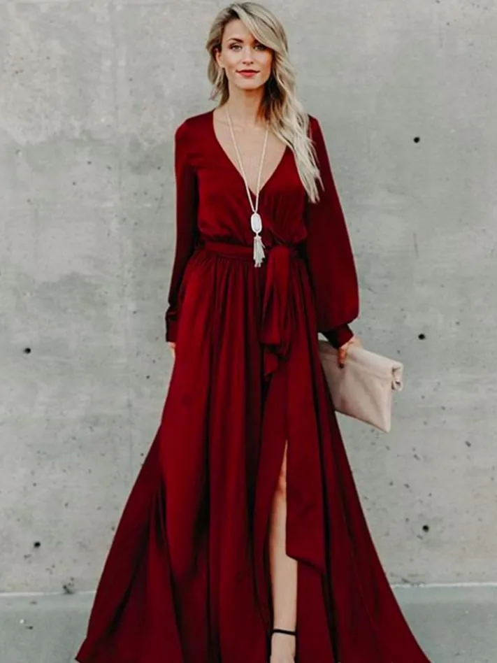 Lace V-Neck Split Long-Sleeved Ruffled Maxi Dress