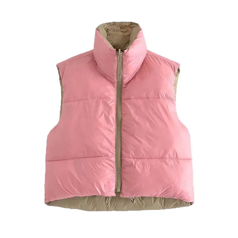 Ladies reversible color crop puffer jacket