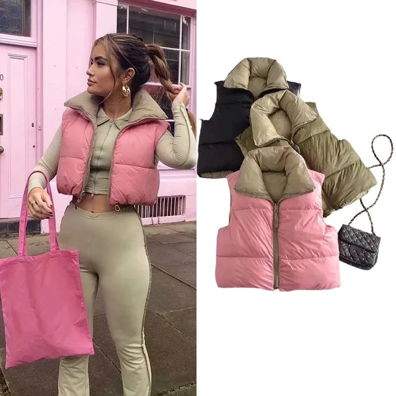 Ladies reversible color crop puffer jacket