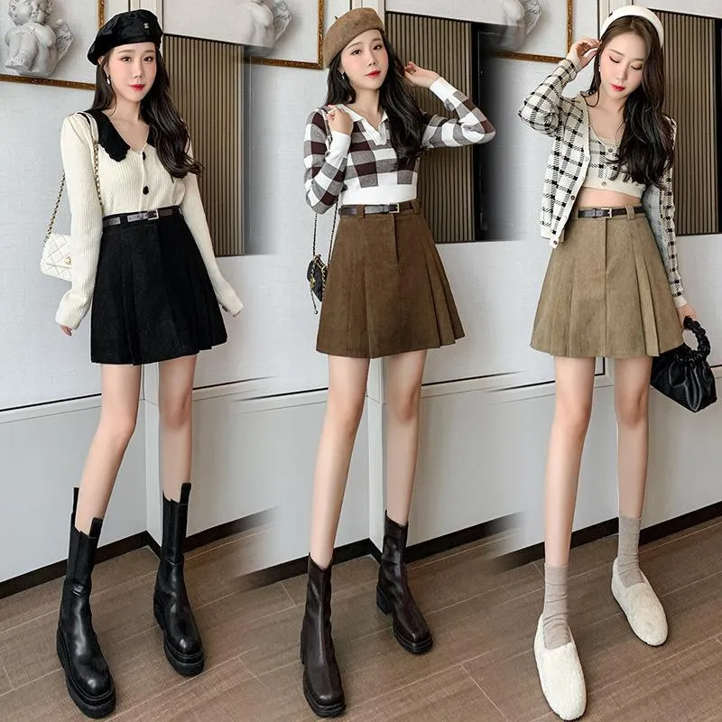 Lanfubeisi business casual outfits a-line Short Skirt Women's Winter Pleated Skirt High Waist Corduroy Woolen Anti-Exposure Shorts