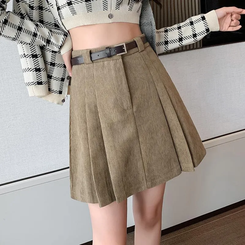 Lanfubeisi business casual outfits a-line Short Skirt Women's Winter Pleated Skirt High Waist Corduroy Woolen Anti-Exposure Shorts