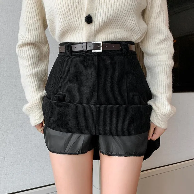 Lanfubeisi business casual outfits a-line Short Skirt Women's Winter Pleated Skirt High Waist Corduroy Woolen Anti-Exposure Shorts