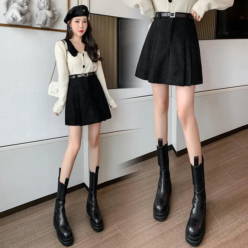 Lanfubeisi business casual outfits a-line Short Skirt Women's Winter Pleated Skirt High Waist Corduroy Woolen Anti-Exposure Shorts