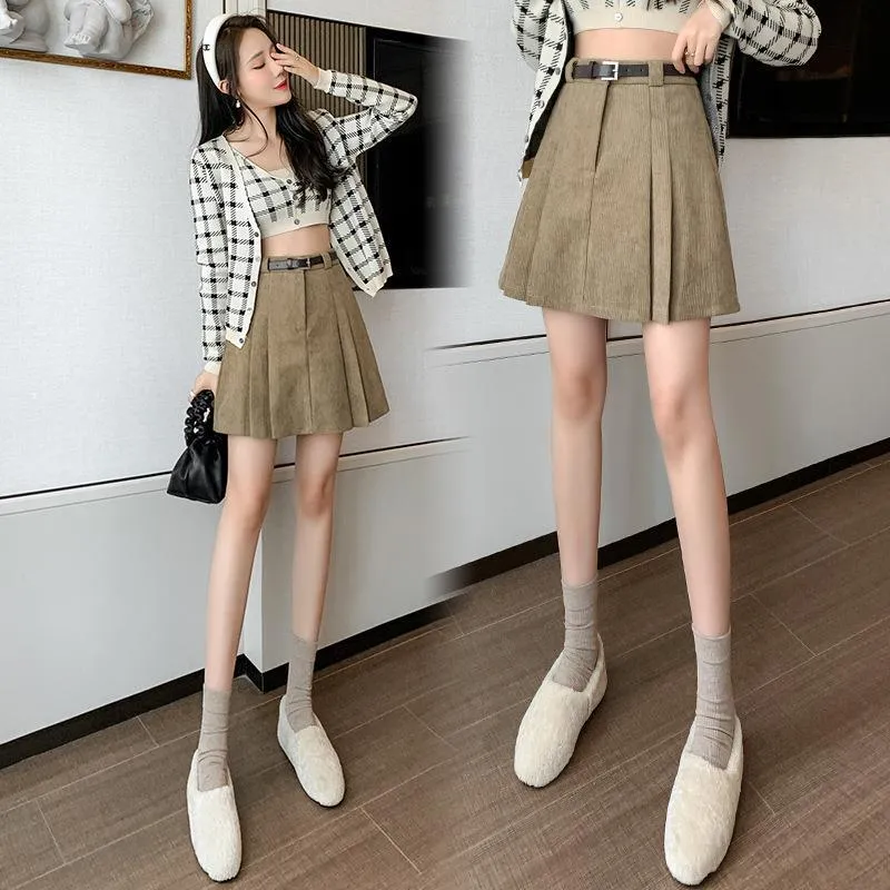 Lanfubeisi business casual outfits a-line Short Skirt Women's Winter Pleated Skirt High Waist Corduroy Woolen Anti-Exposure Shorts