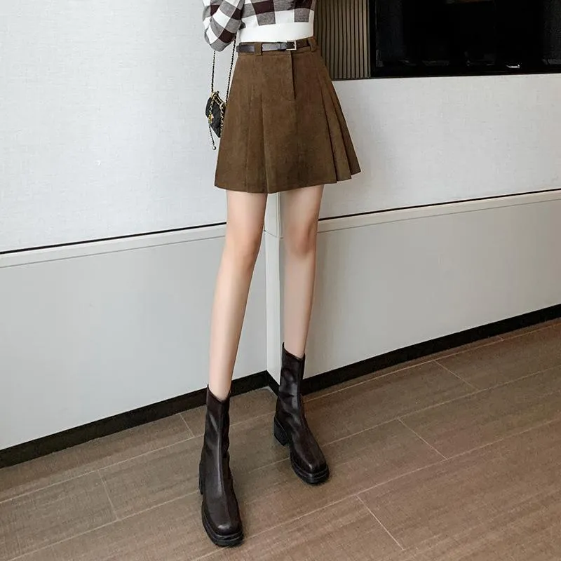 Lanfubeisi business casual outfits a-line Short Skirt Women's Winter Pleated Skirt High Waist Corduroy Woolen Anti-Exposure Shorts