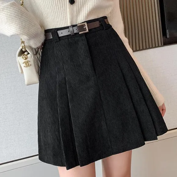 Lanfubeisi business casual outfits a-line Short Skirt Women's Winter Pleated Skirt High Waist Corduroy Woolen Anti-Exposure Shorts