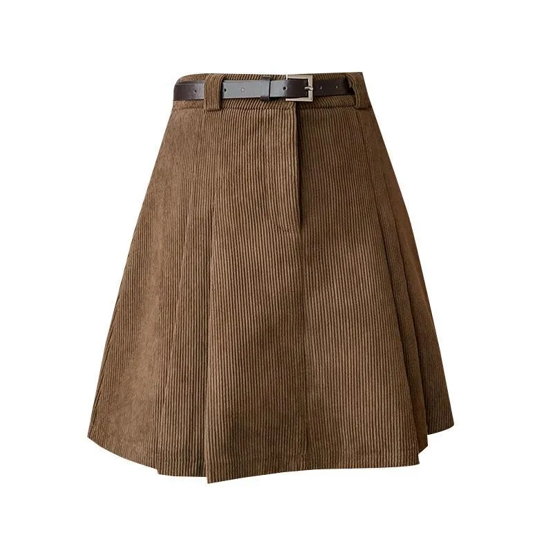 Lanfubeisi business casual outfits a-line Short Skirt Women's Winter Pleated Skirt High Waist Corduroy Woolen Anti-Exposure Shorts